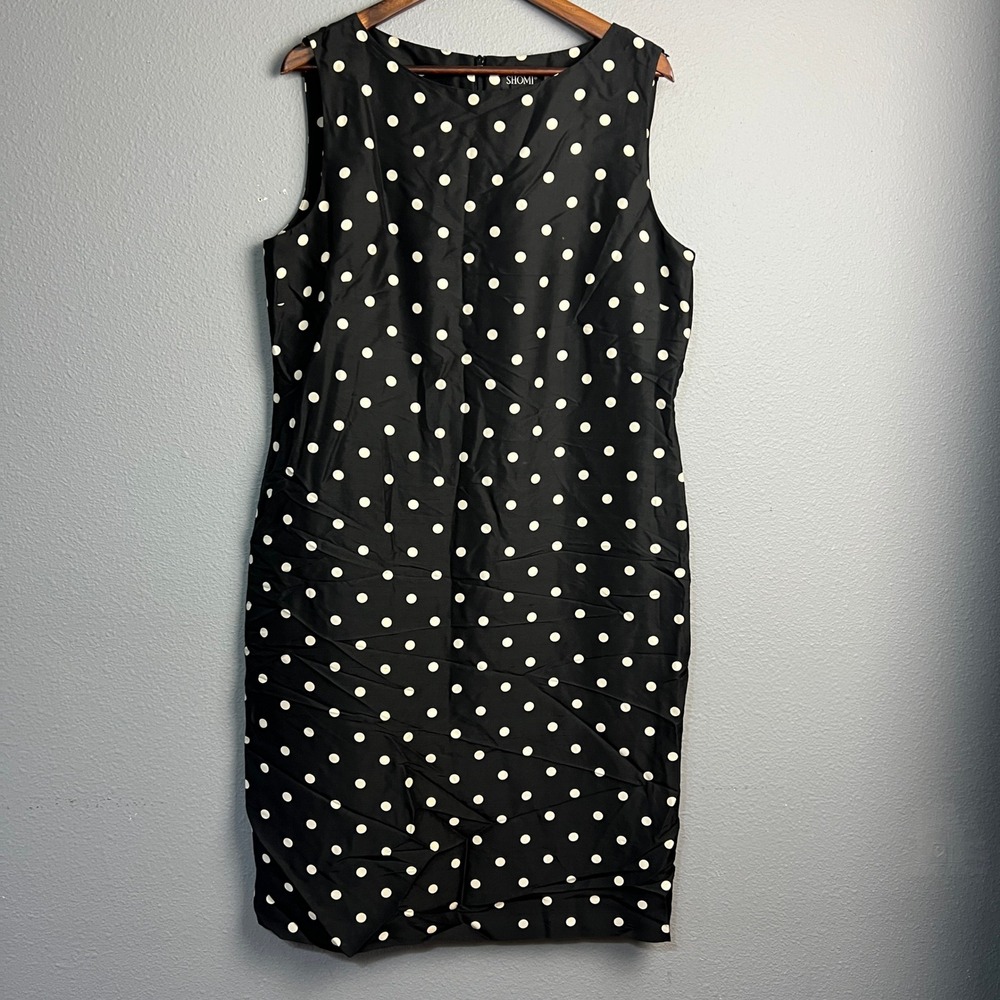 SHOMI Black White Polka Dot‎ 100% Silk Sleeveless Dress Career Party Sz 14